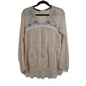 Altard State Womens V-Neck Long Sleeve Blouse Embroidered Lace Boho Size M